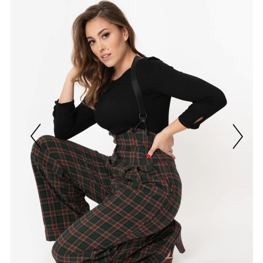 Unique Vintage Green & Red Plaid Suspenders